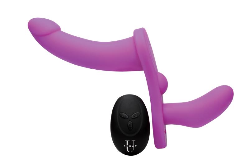 XR Brands – Doppeldildo mit Vibration und Gurt – Lila