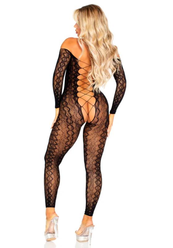 – Bodystocking Ouverte à Motif Serpent – Noir 2