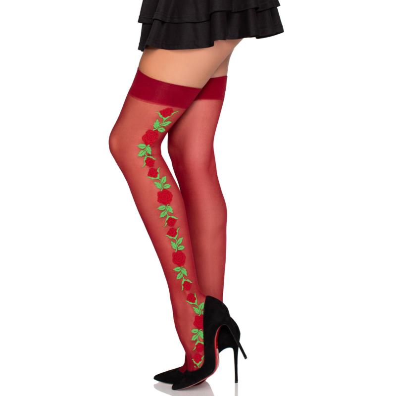 Leg Avenue – Halterlose Strümpfe mit Rosen – Rot