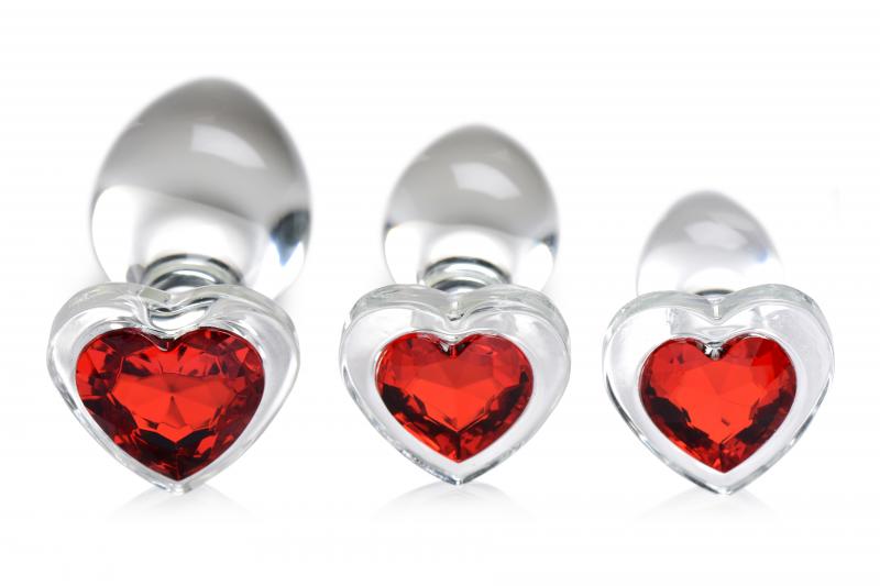 Lot de plugs anaux en verre avec pierre précieuse en forme de cœur rouge 3