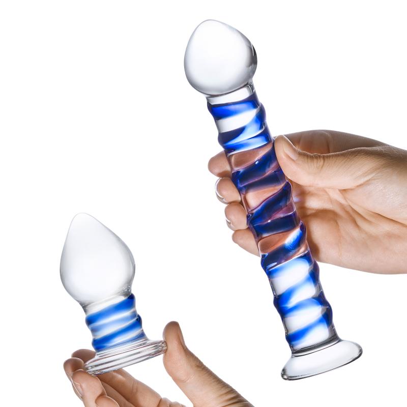 Glas - Double Penetration Glass Swirly Dildo & Butt Plug Set 4