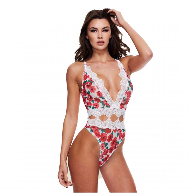 Baci - Weißer String-Spitzen-Bodysuit mit Blumenmuster