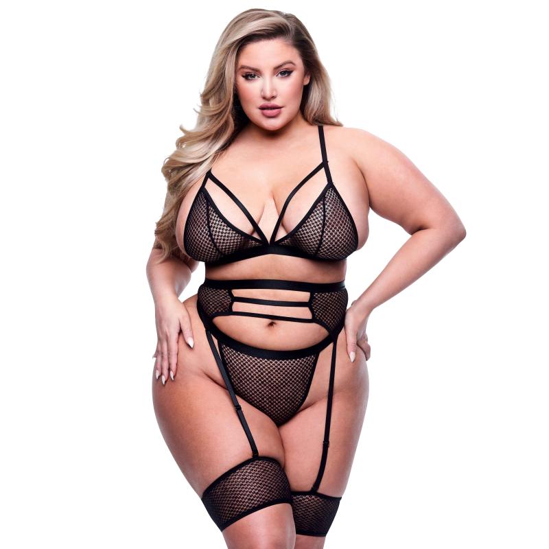 Baci - 3pc Strappy Bra, Garter & Panty Set Black Queen 2