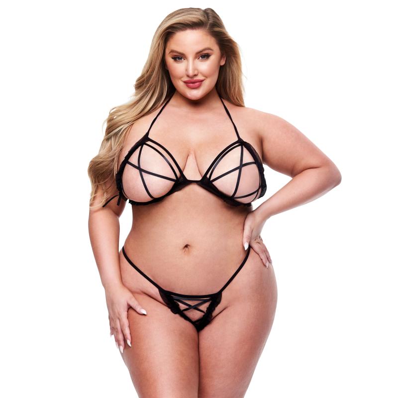 Baci - 2pc Peek-a-boo Bra & Crotchless G-string Set Black Queen 2