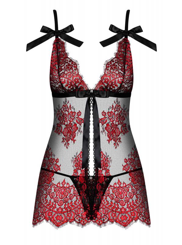 Koronkowa sukienka babydoll ze stringami Redessia – czerwono-czarna